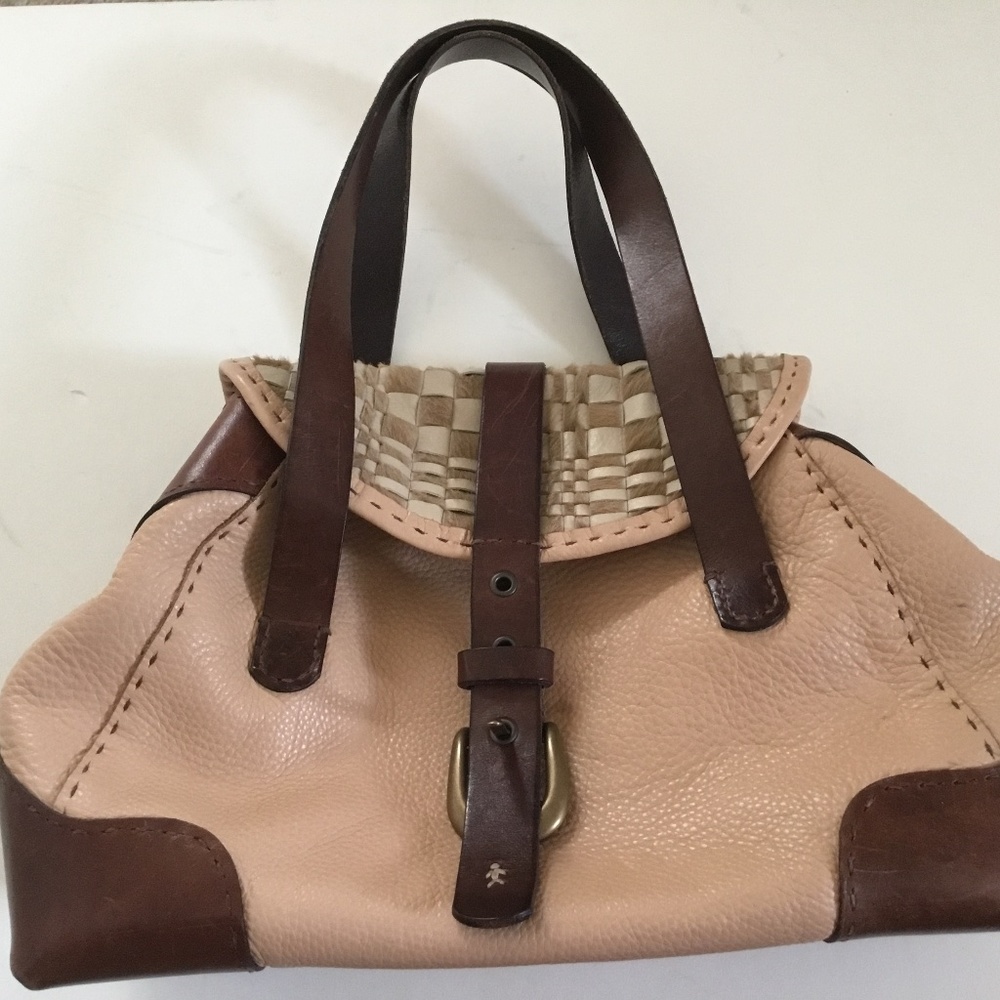Henry Beguelin Light and Dark Brown Leather Top Handle Purse with Woven Flap